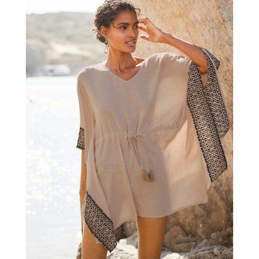 Garnet Hill Embroidered Kaftan Swim Cover Up Size Sm Beige Black Drawcord Tassel